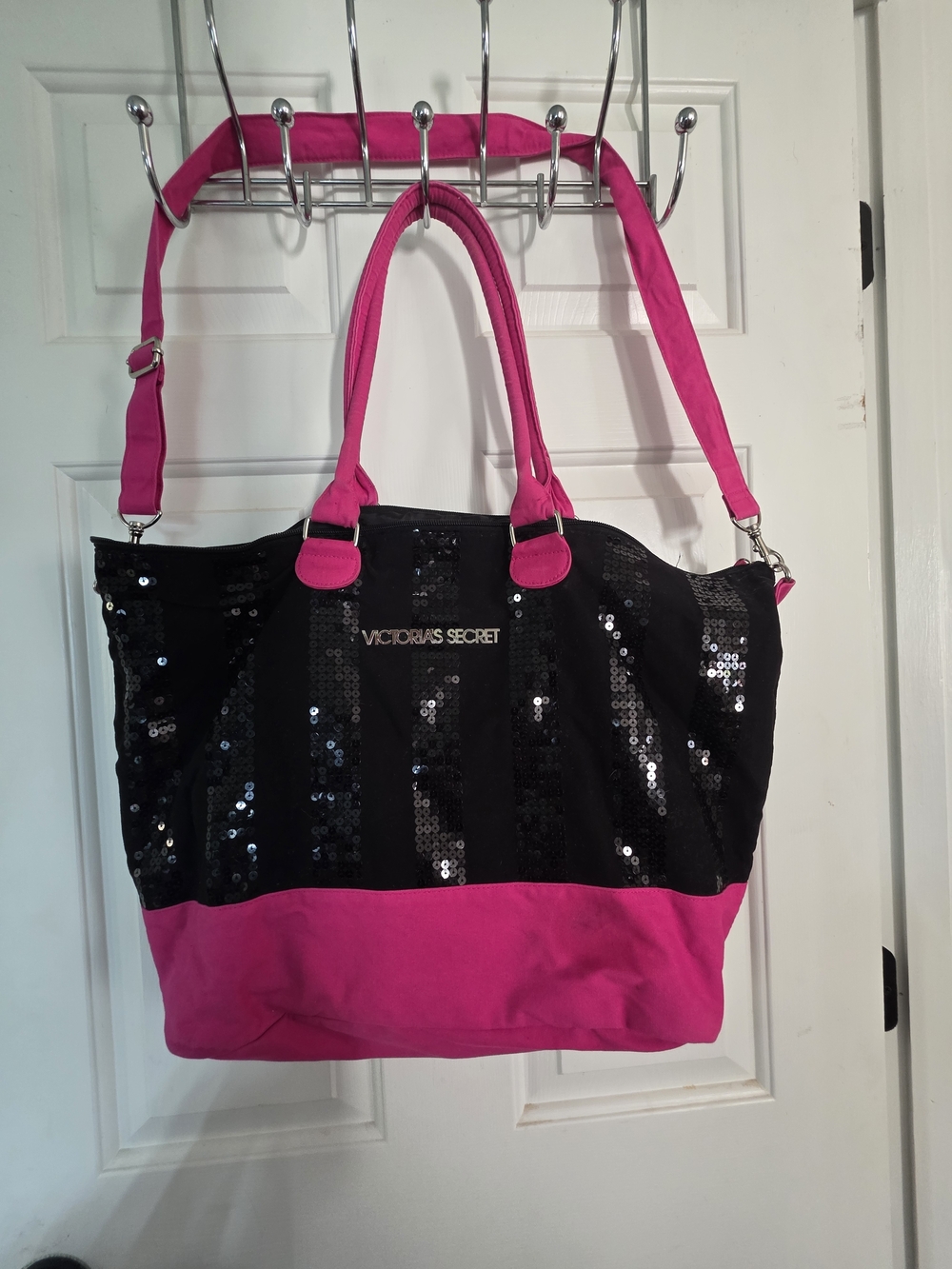 Victoria's Secret Black & Hot Pink Sequin Tote with Pink Accents